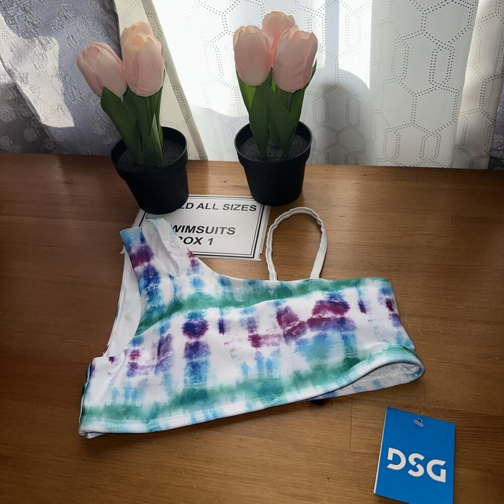 DSG Girls Asymmetric Swim Top Tie-Dye, Multi Size Medium 50 UV Protection NWT